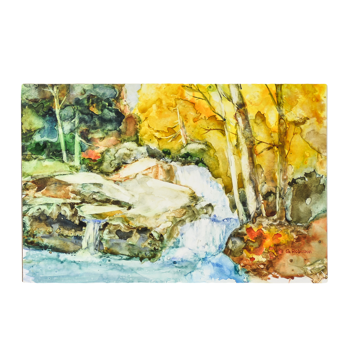 G. Robinson Watercolor and Acrylic Painting on Paperboard "Autumn Waterfall"