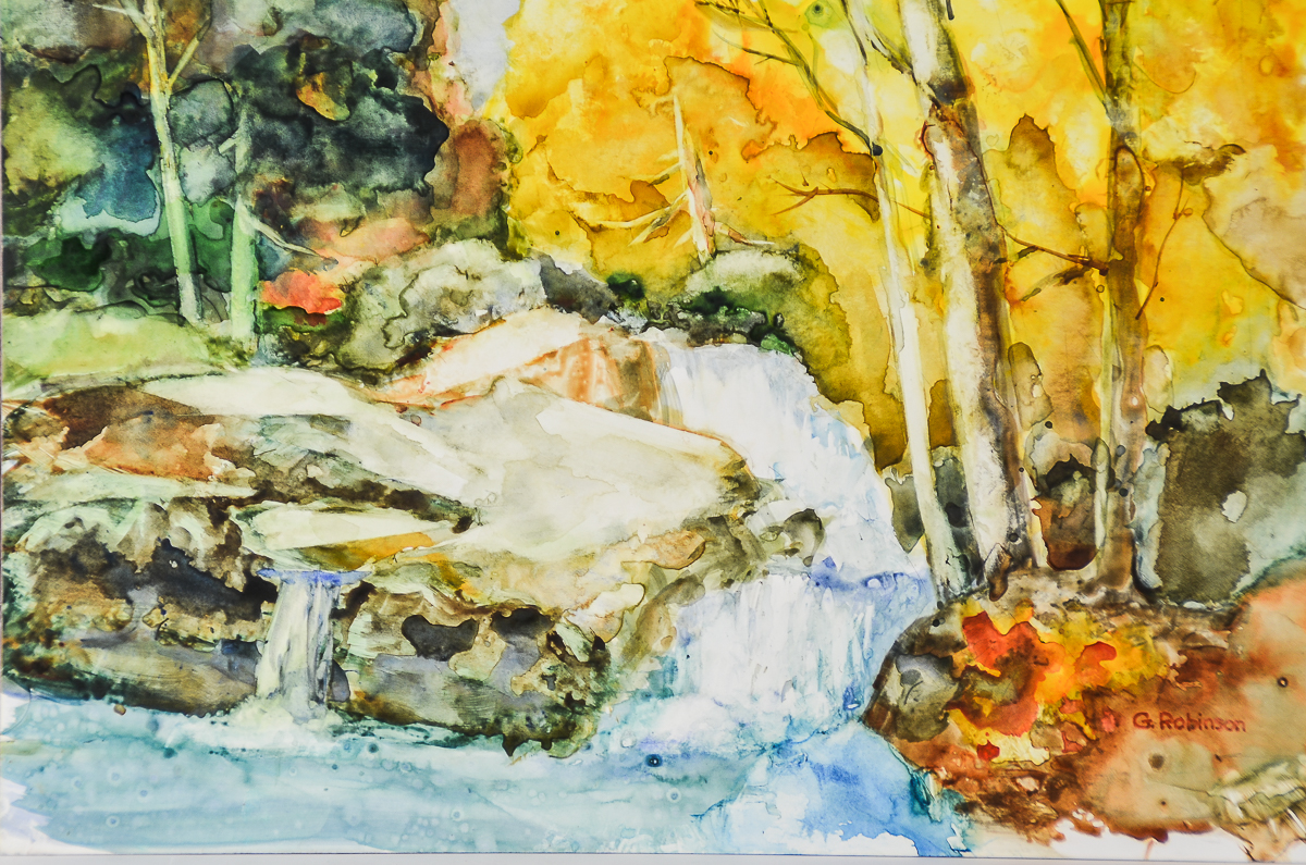 G. Robinson Watercolor and Acrylic Painting on Paperboard "Autumn Waterfall"