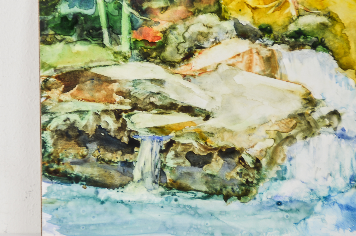 G. Robinson Watercolor and Acrylic Painting on Paperboard "Autumn Waterfall"