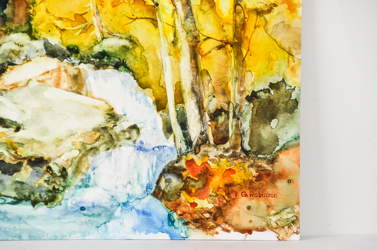 G. Robinson Watercolor and Acrylic Painting on Paperboard "Autumn Waterfall"