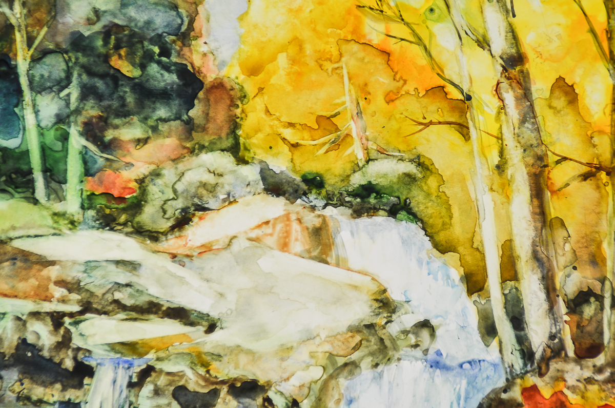 G. Robinson Watercolor and Acrylic Painting on Paperboard "Autumn Waterfall"