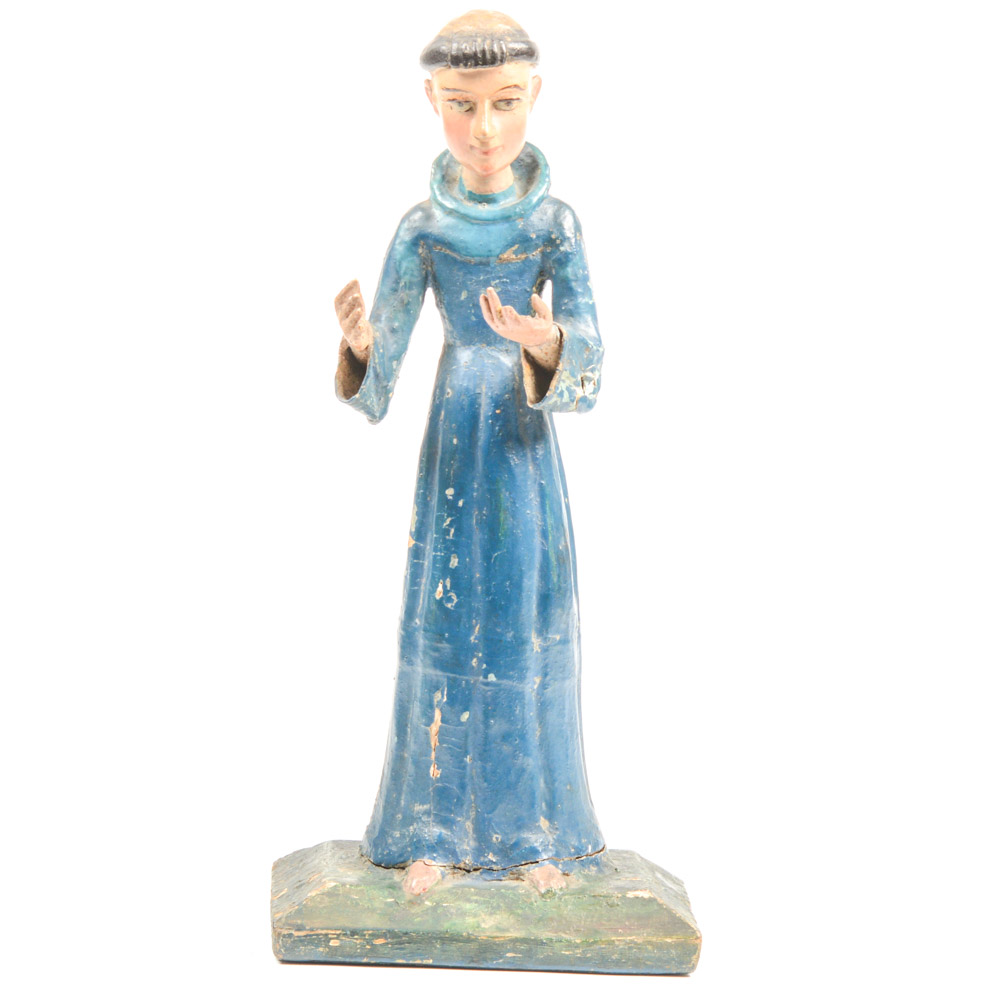 Antique Carved Santos Figure of a Tonsured Saint