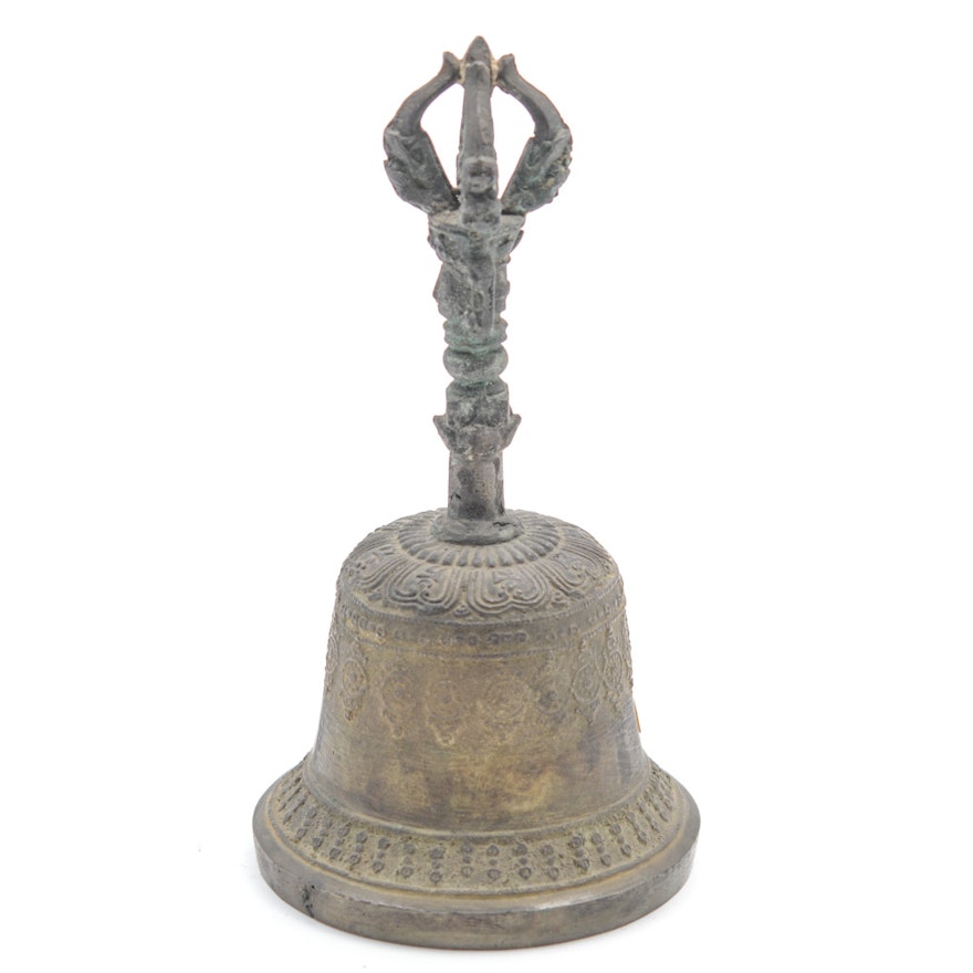 Antique Tibetan Brass Vajra-Handled Ghanta Ritual Bell