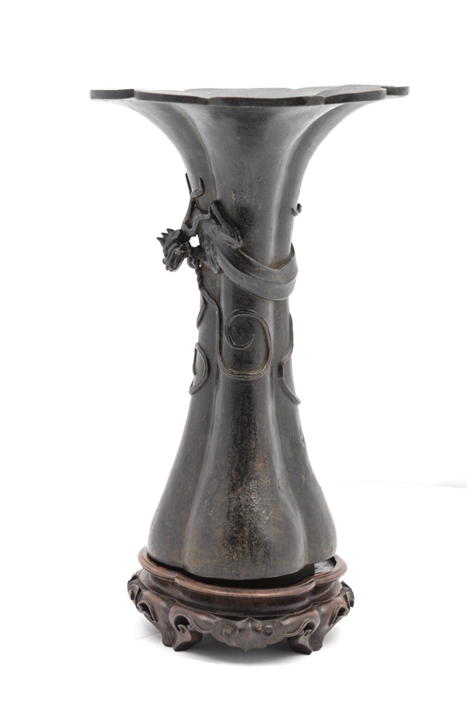 Chinese Qing Dynasty Lobed Bronze Vase With Dragon