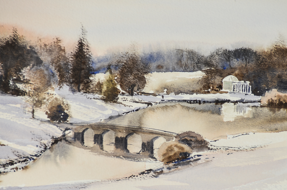 Watercolor Painting on Paper of a Winter Landscape