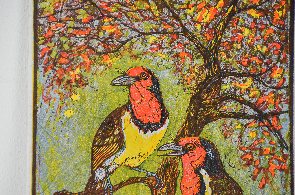 H. Francke Linocut on Paper "Black Collared Barbets"