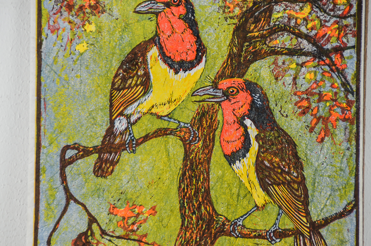 H. Francke Linocut on Paper "Black Collared Barbets"