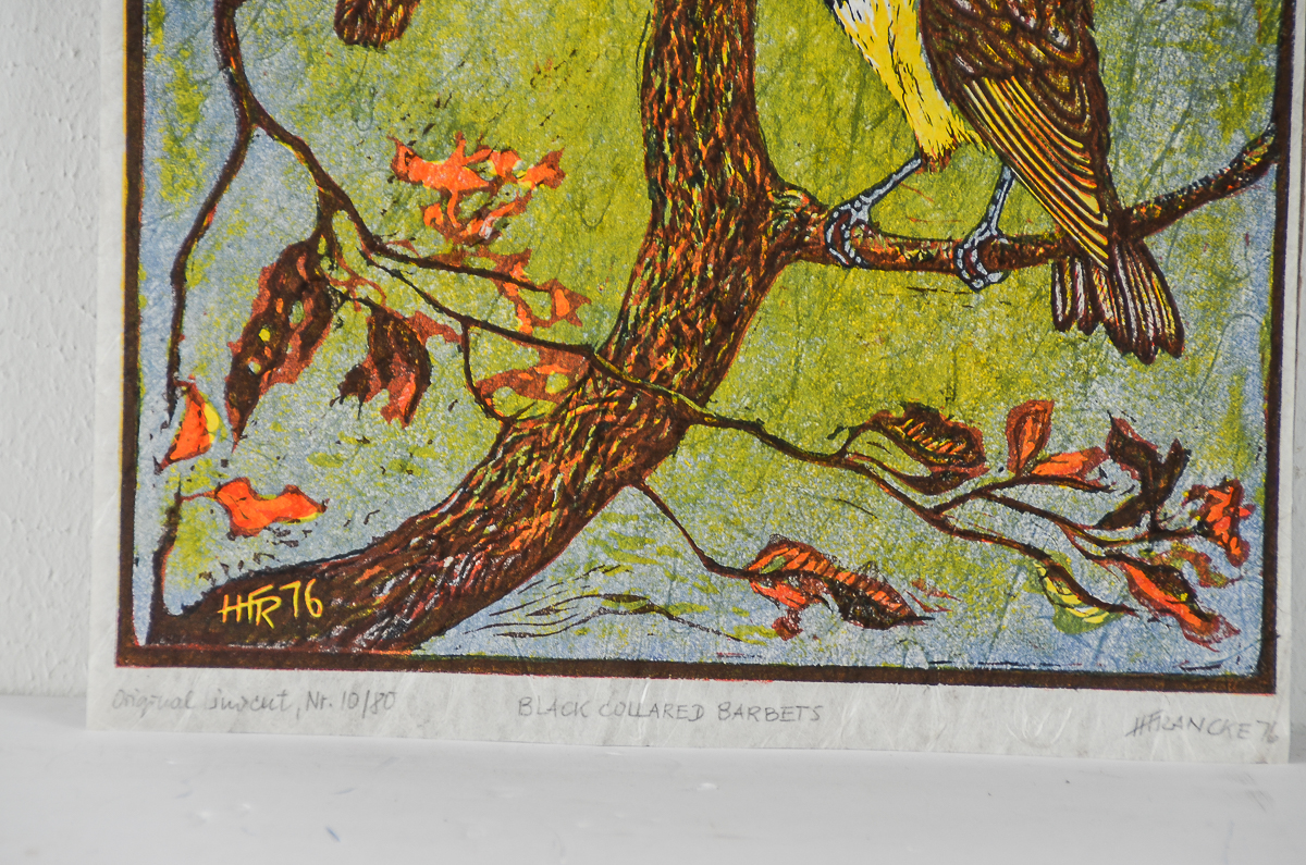 H. Francke Linocut on Paper "Black Collared Barbets"