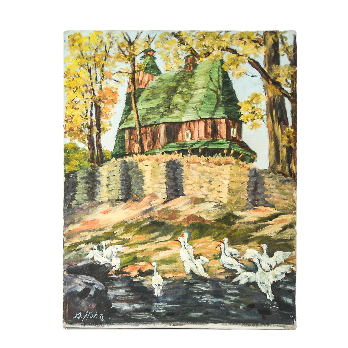 G. Hohn Oil Painting on Canvas "Geese by a River"