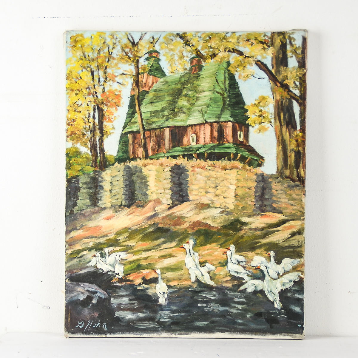 G. Hohn Oil Painting on Canvas "Geese by a River"