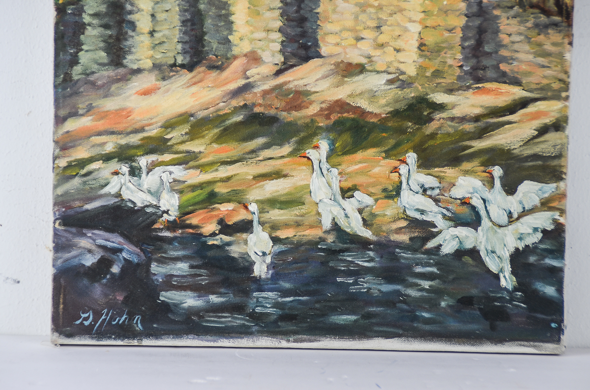 G. Hohn Oil Painting on Canvas "Geese by a River"