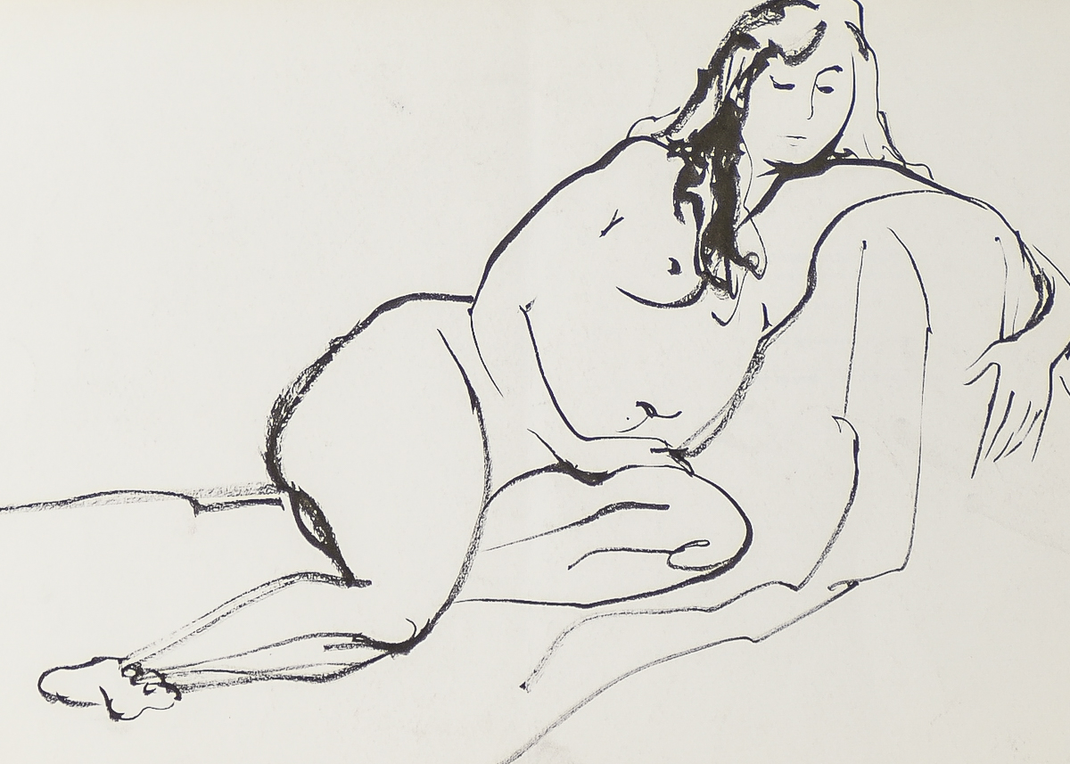 Pen and Ink Drawing on Paper "Reclining Nude" Attributed to Michael Decker