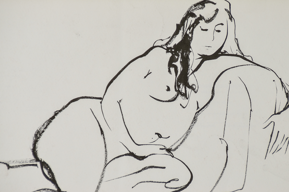 Pen and Ink Drawing on Paper "Reclining Nude" Attributed to Michael Decker