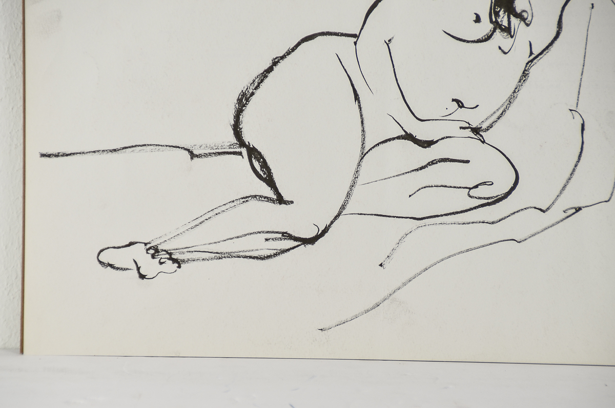 Pen and Ink Drawing on Paper "Reclining Nude" Attributed to Michael Decker