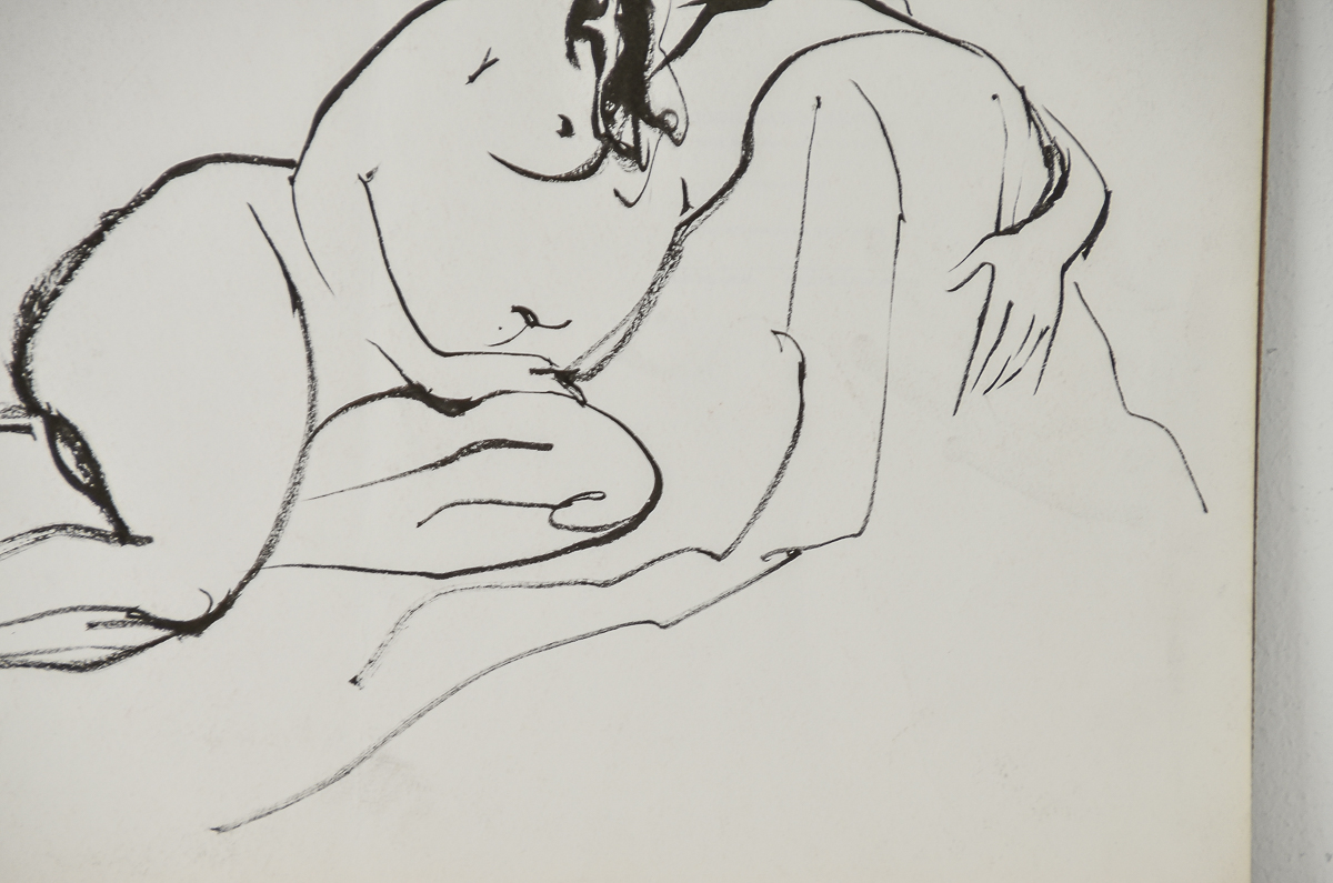 Pen and Ink Drawing on Paper "Reclining Nude" Attributed to Michael Decker