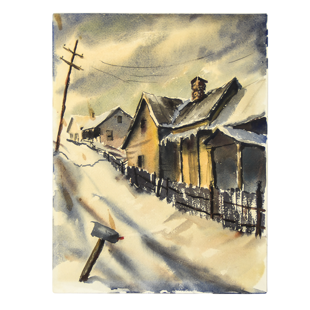 Watercolor Painting on Paper of a Winter Street Scene