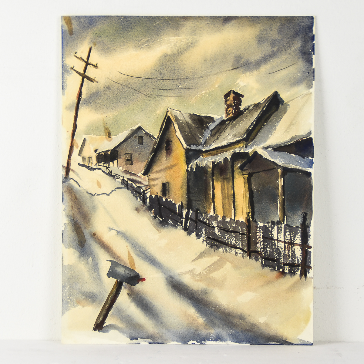 Watercolor Painting on Paper of a Winter Street Scene