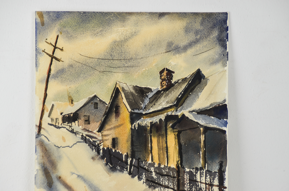 Watercolor Painting on Paper of a Winter Street Scene
