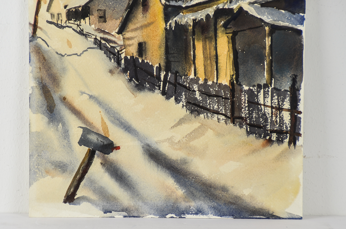 Watercolor Painting on Paper of a Winter Street Scene
