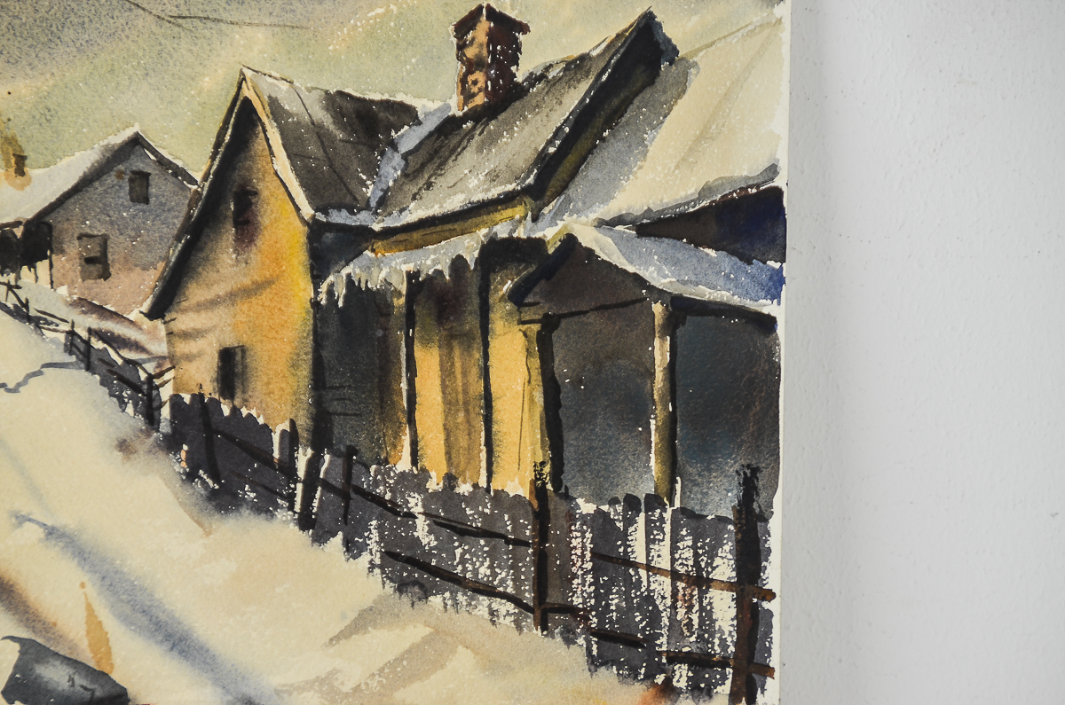 Watercolor Painting on Paper of a Winter Street Scene