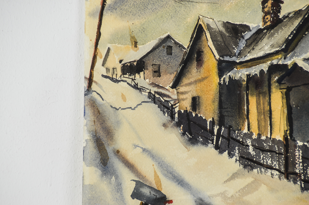 Watercolor Painting on Paper of a Winter Street Scene
