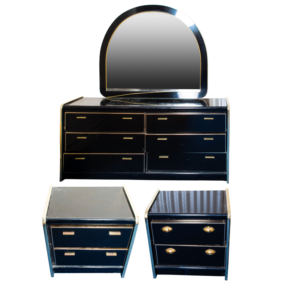 Black and Brass-Tone Dresser and Night Stands