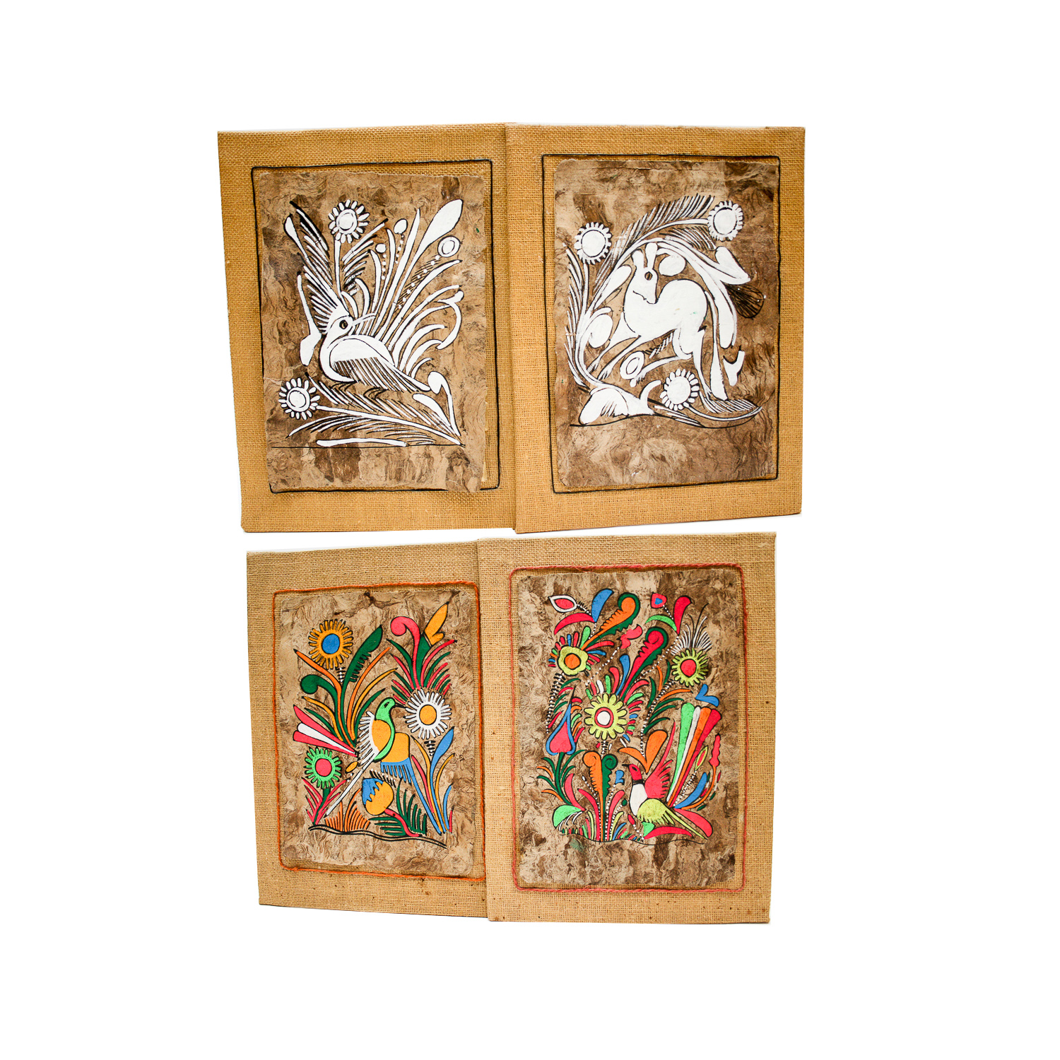 Circa 1960s Mixed Media Paintings on Paper Mounted to Burlap