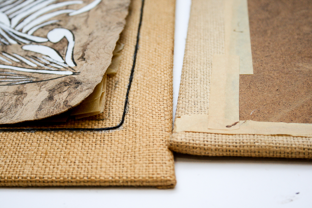 Circa 1960s Mixed Media Paintings on Paper Mounted to Burlap