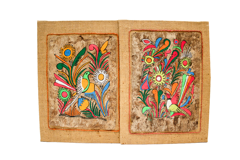 Circa 1960s Mixed Media Paintings on Paper Mounted to Burlap