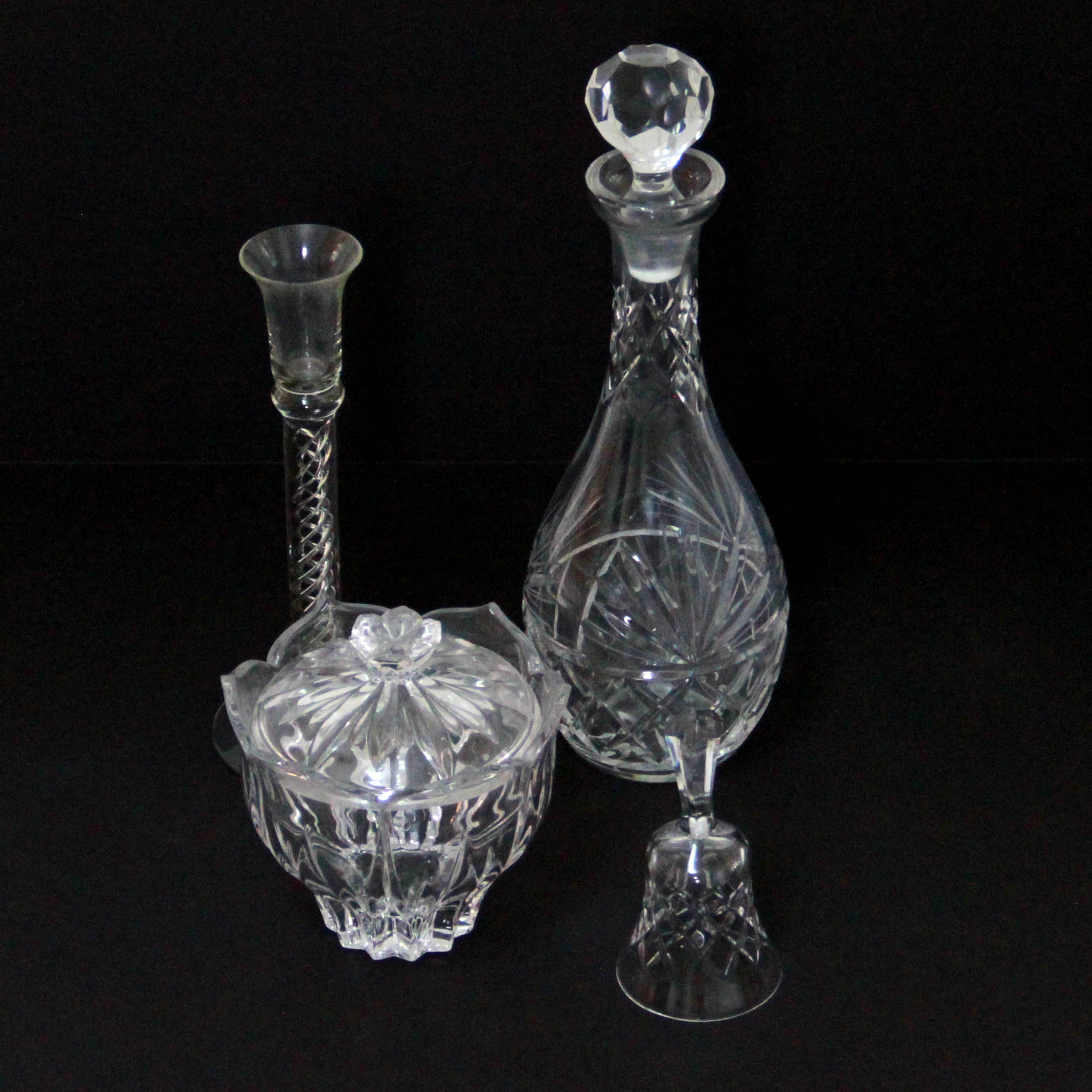Crystal Decanter, Jar, Bell and Candlestick