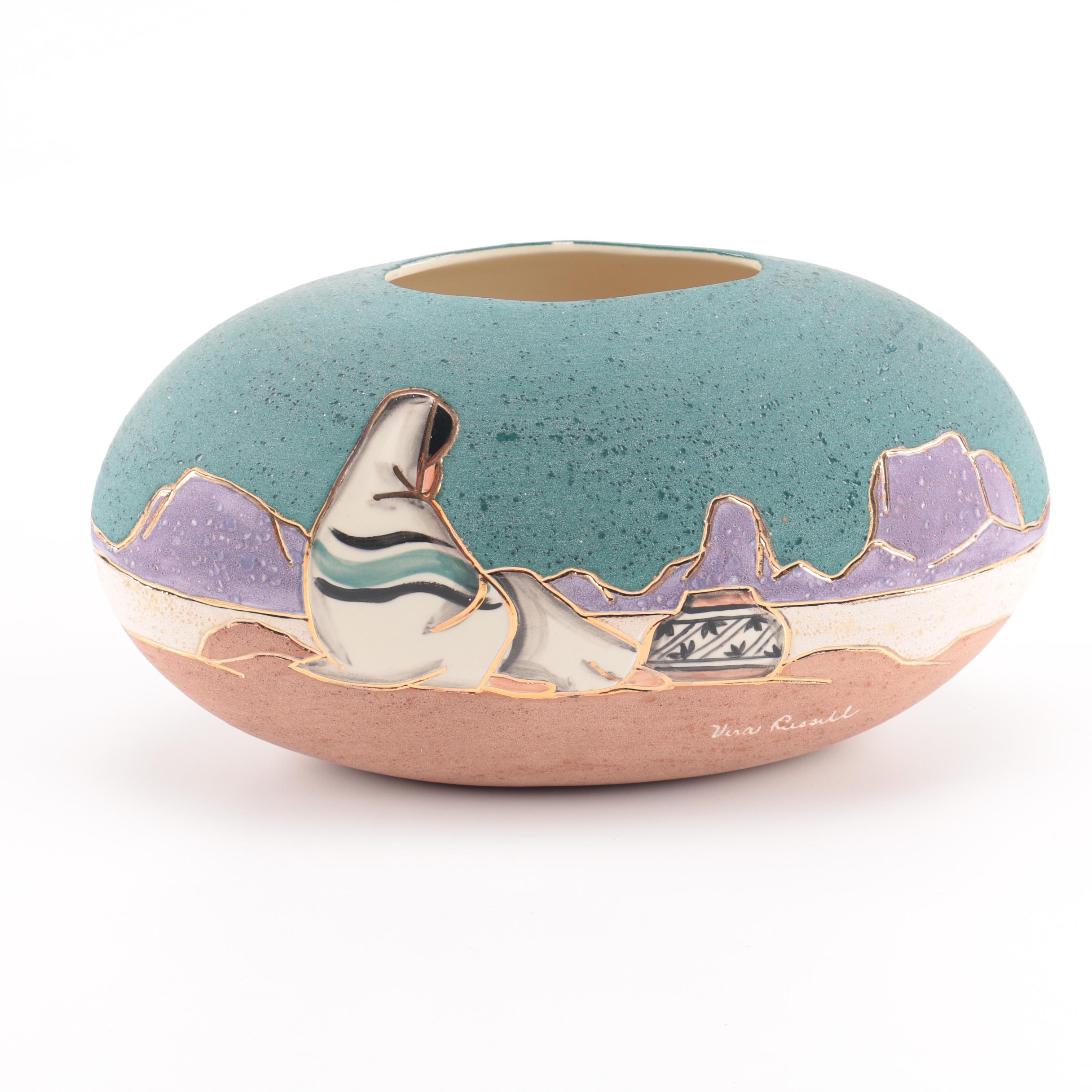 Vera Russell Southwestern Pottery Vase with 22K Gold Trim