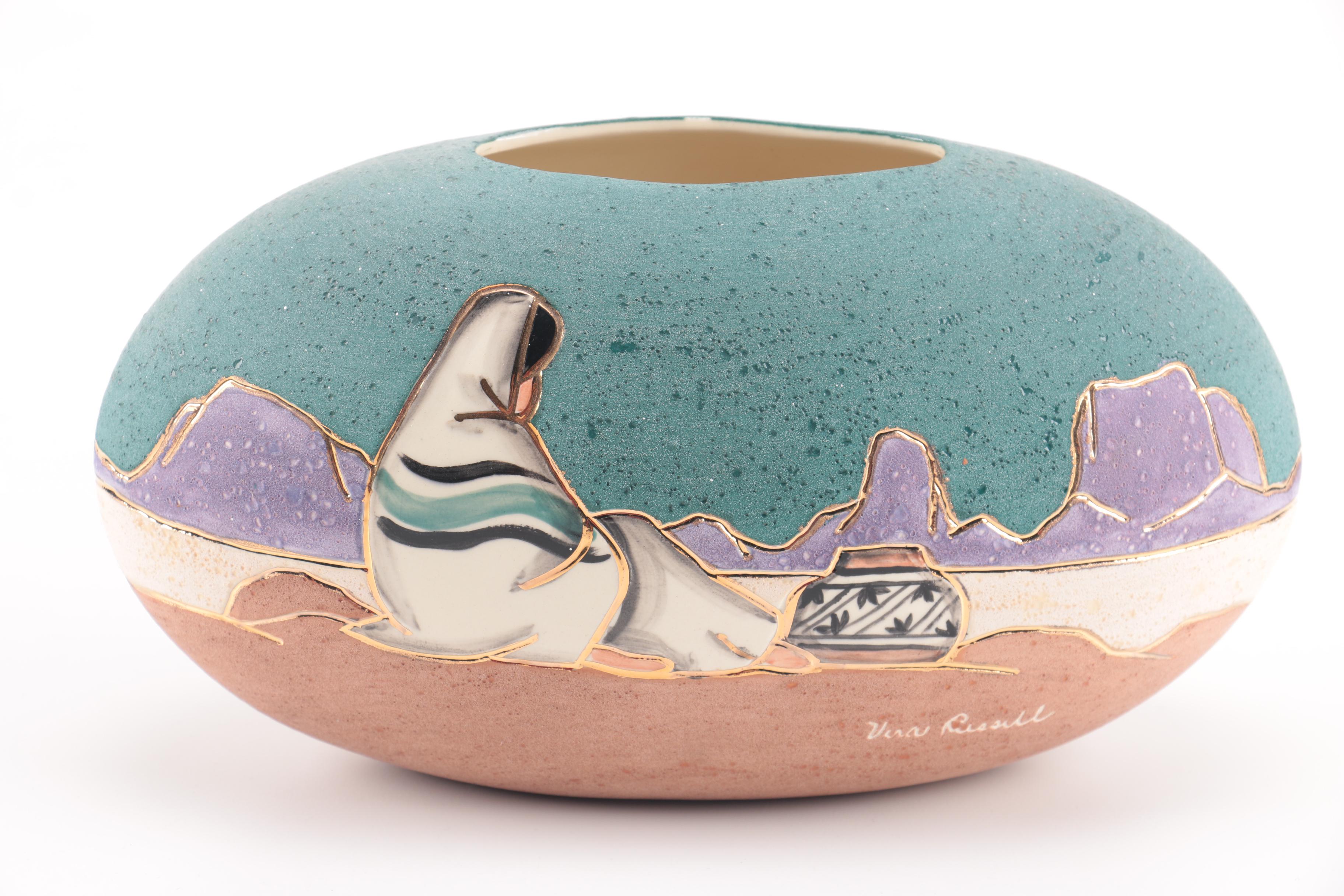 Vera Russell Southwestern Pottery Vase with 22K Gold Trim