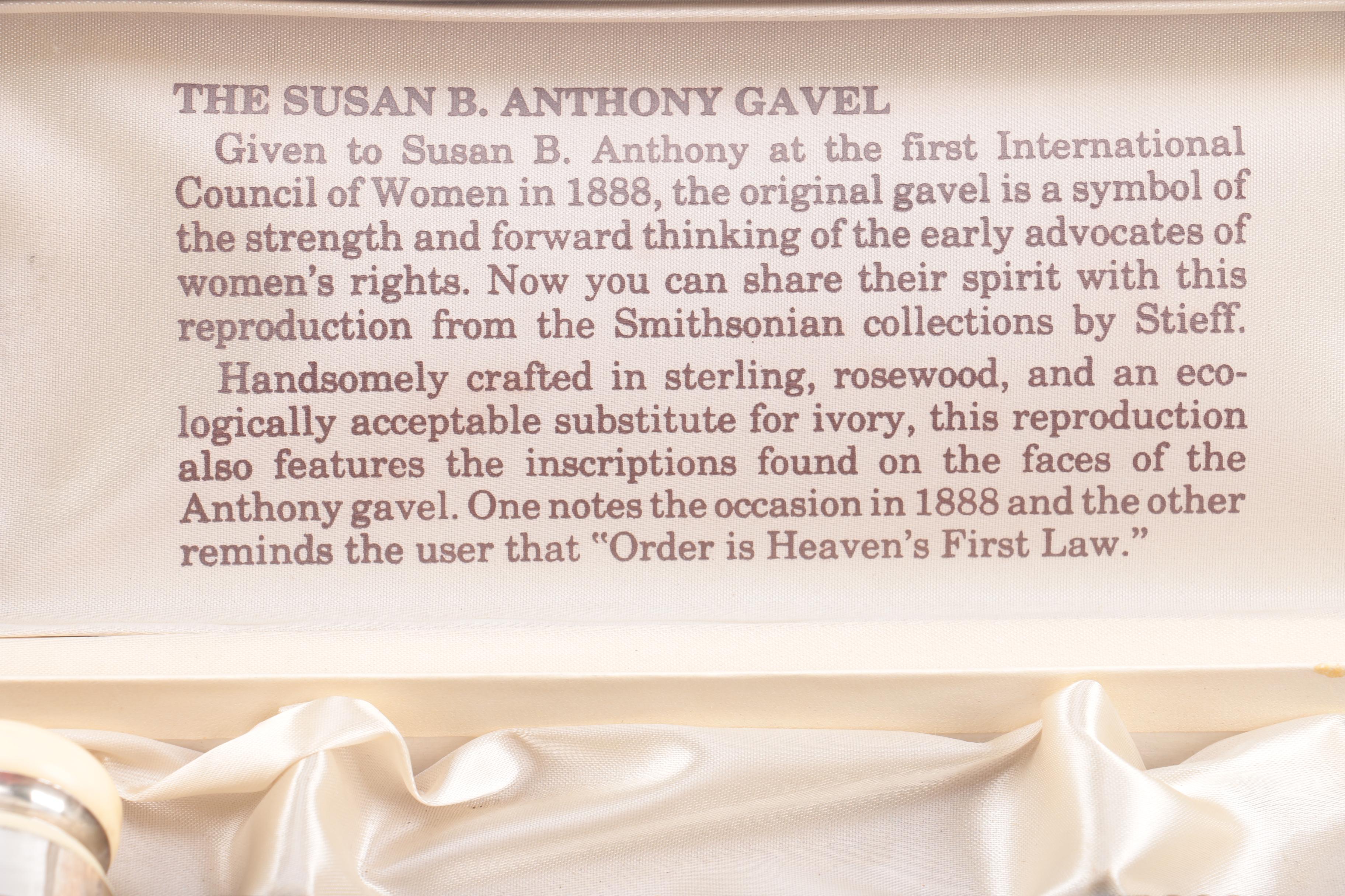 Susan B Anthony Reproduction Gavel, Including Sterling Silver