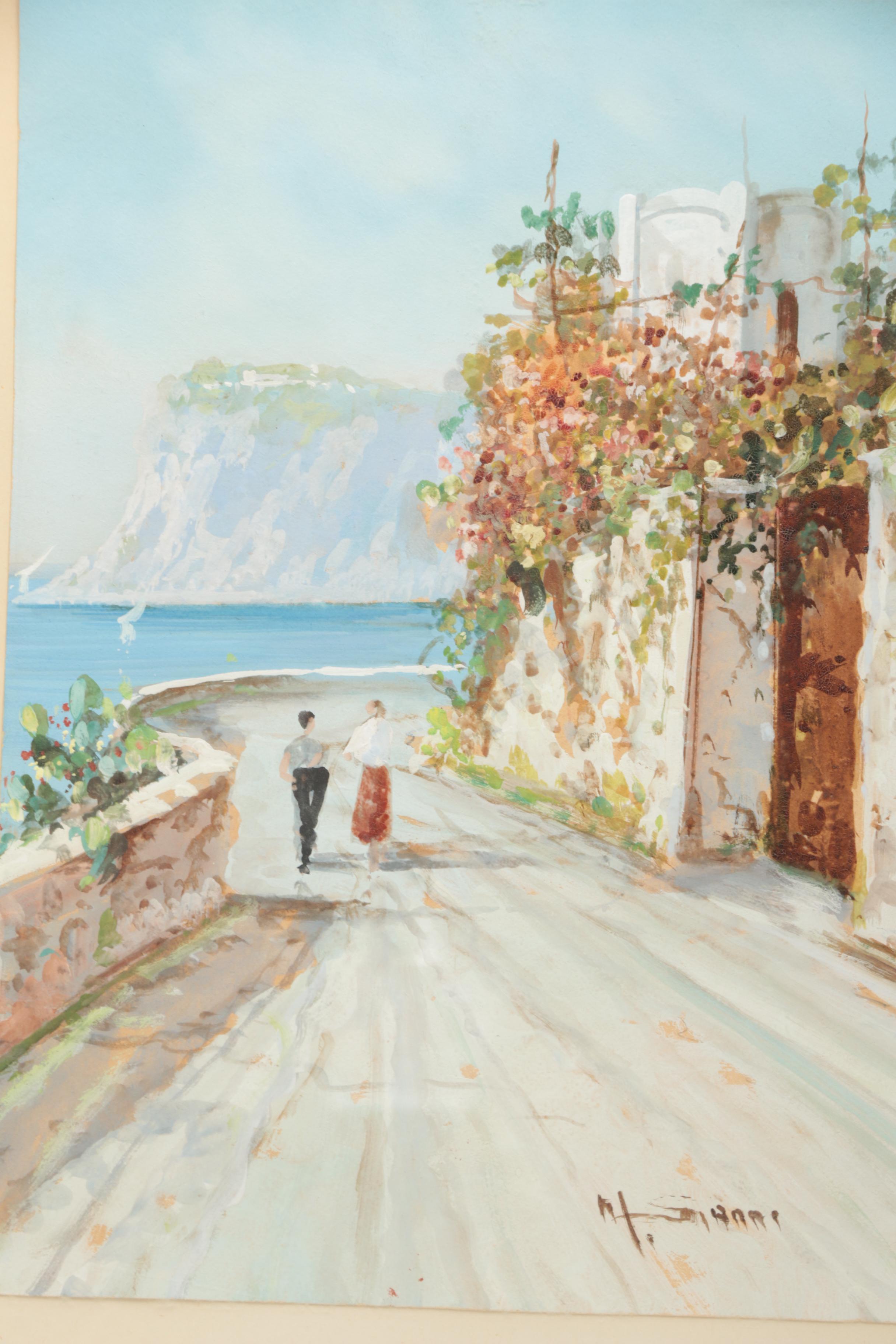 Gouache on Paper of a Couple Walking a Seaside Road