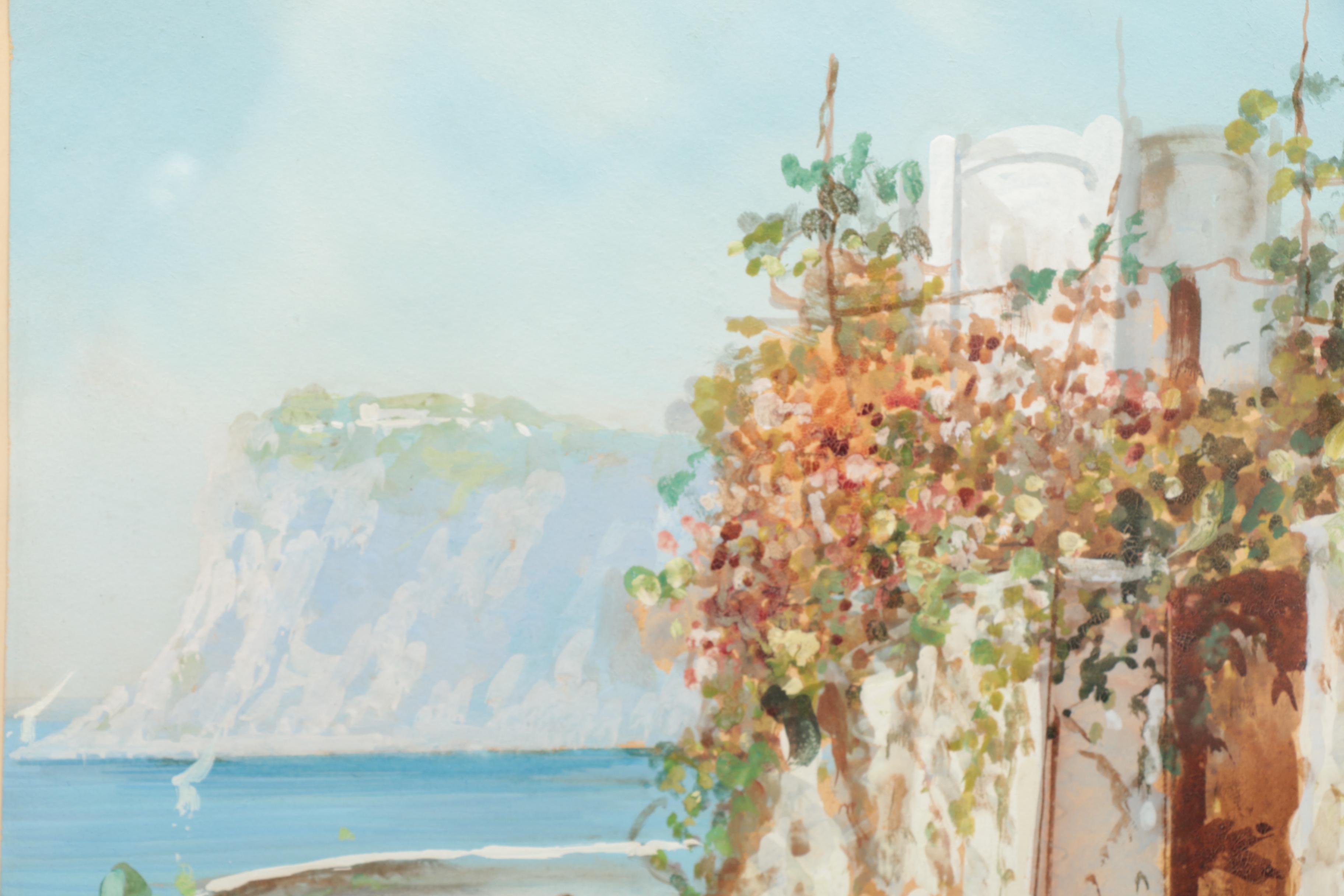 Gouache on Paper of a Couple Walking a Seaside Road