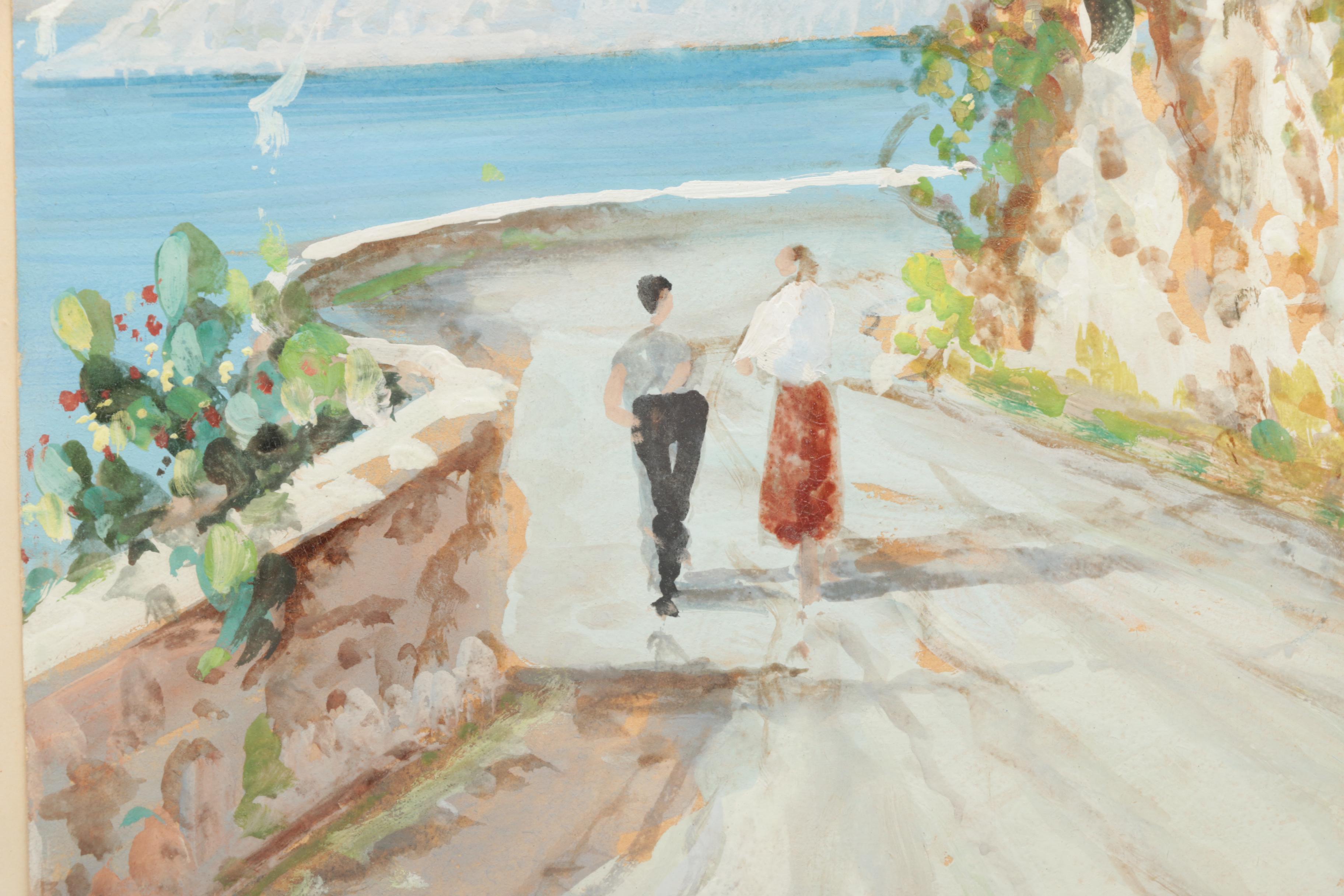 Gouache on Paper of a Couple Walking a Seaside Road