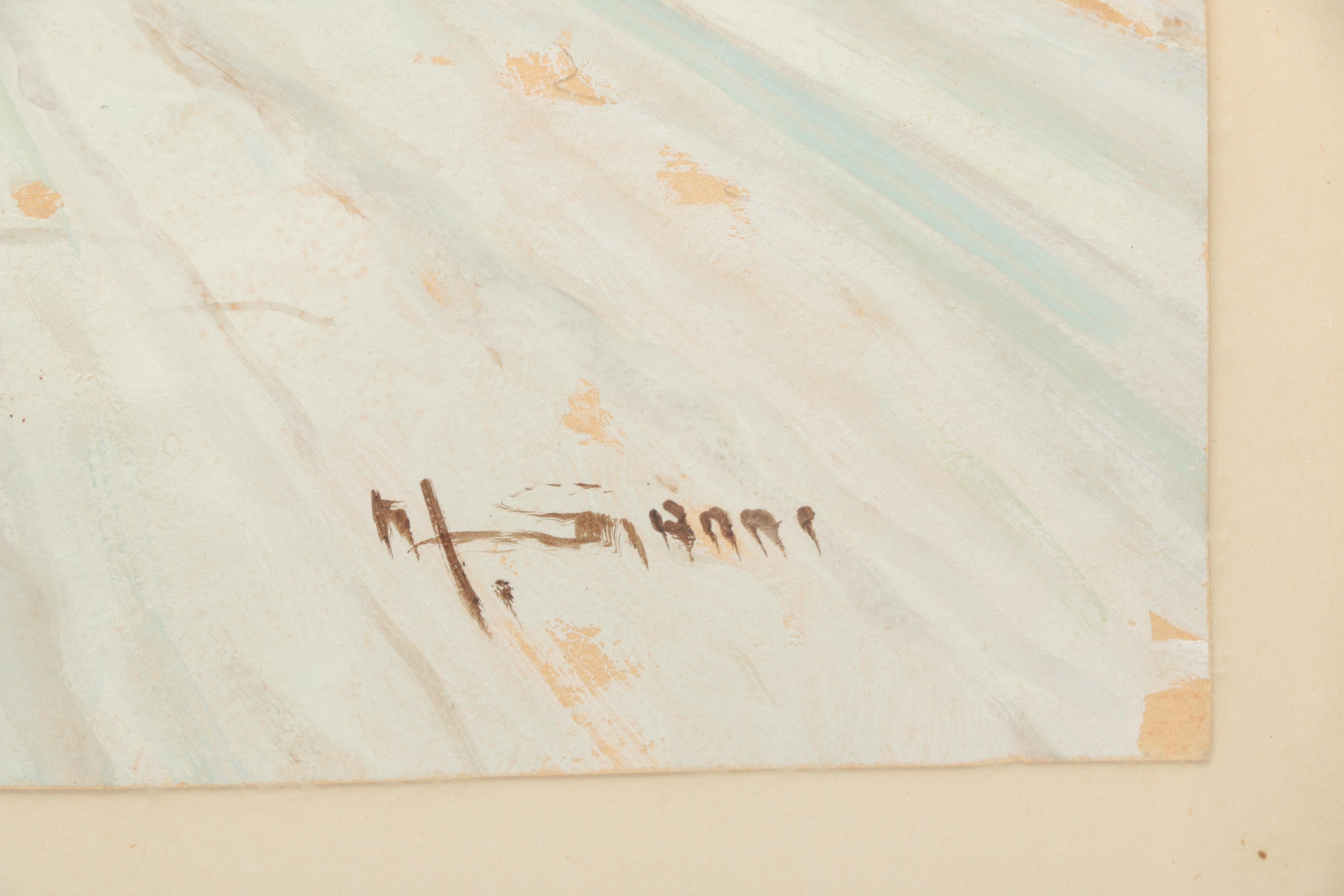 Gouache on Paper of a Couple Walking a Seaside Road