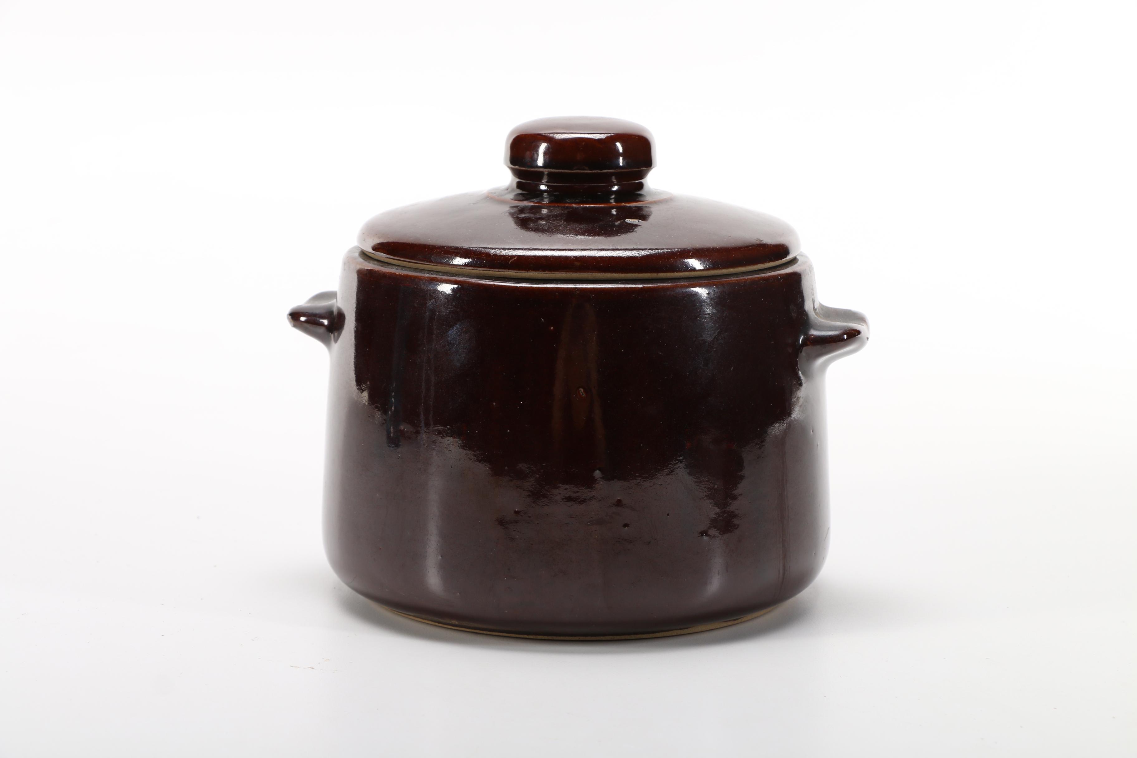 Vintage Brown Glazed Stoneware Bean Pot