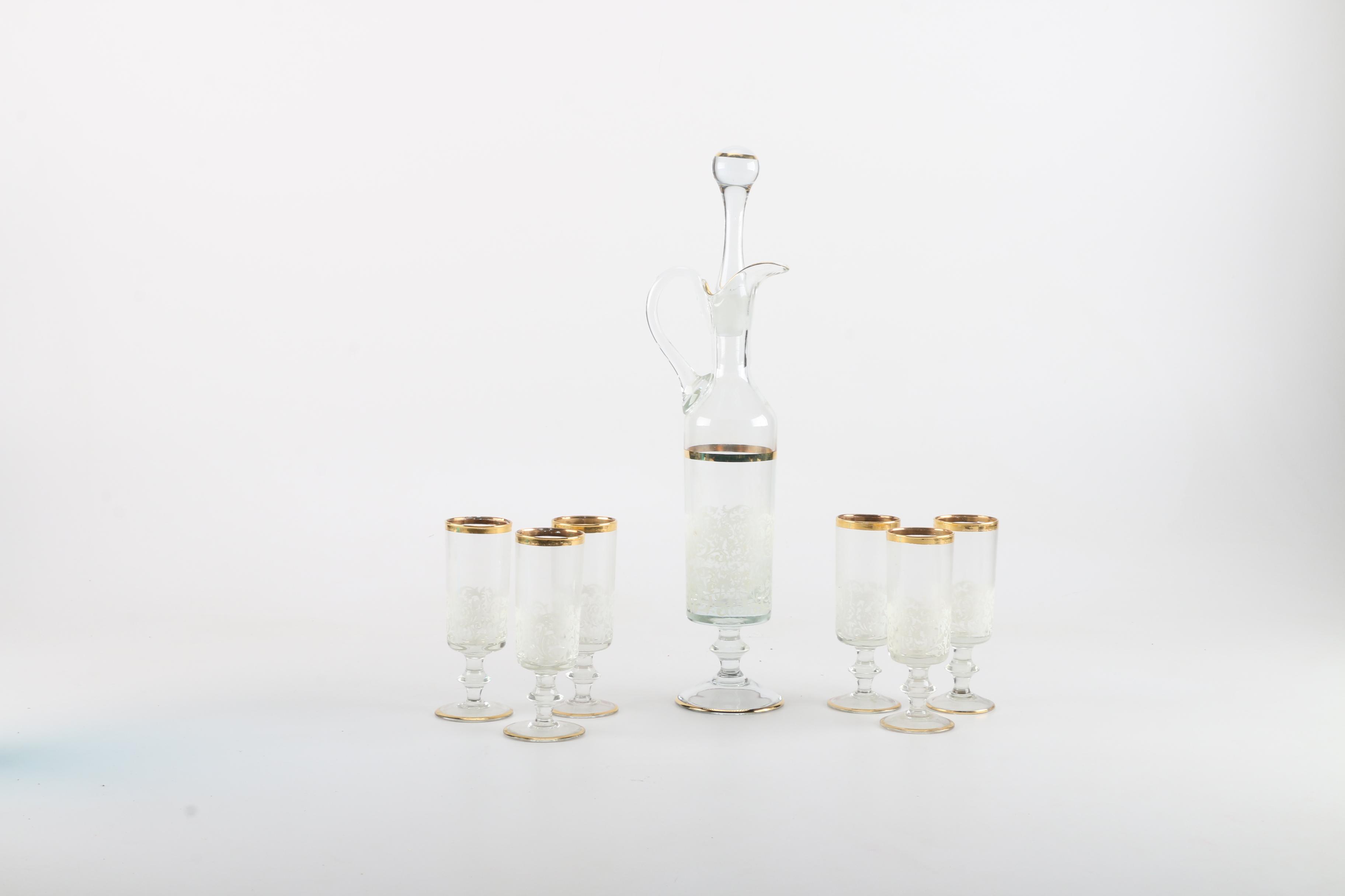 Enameled Decanter and Glass Set