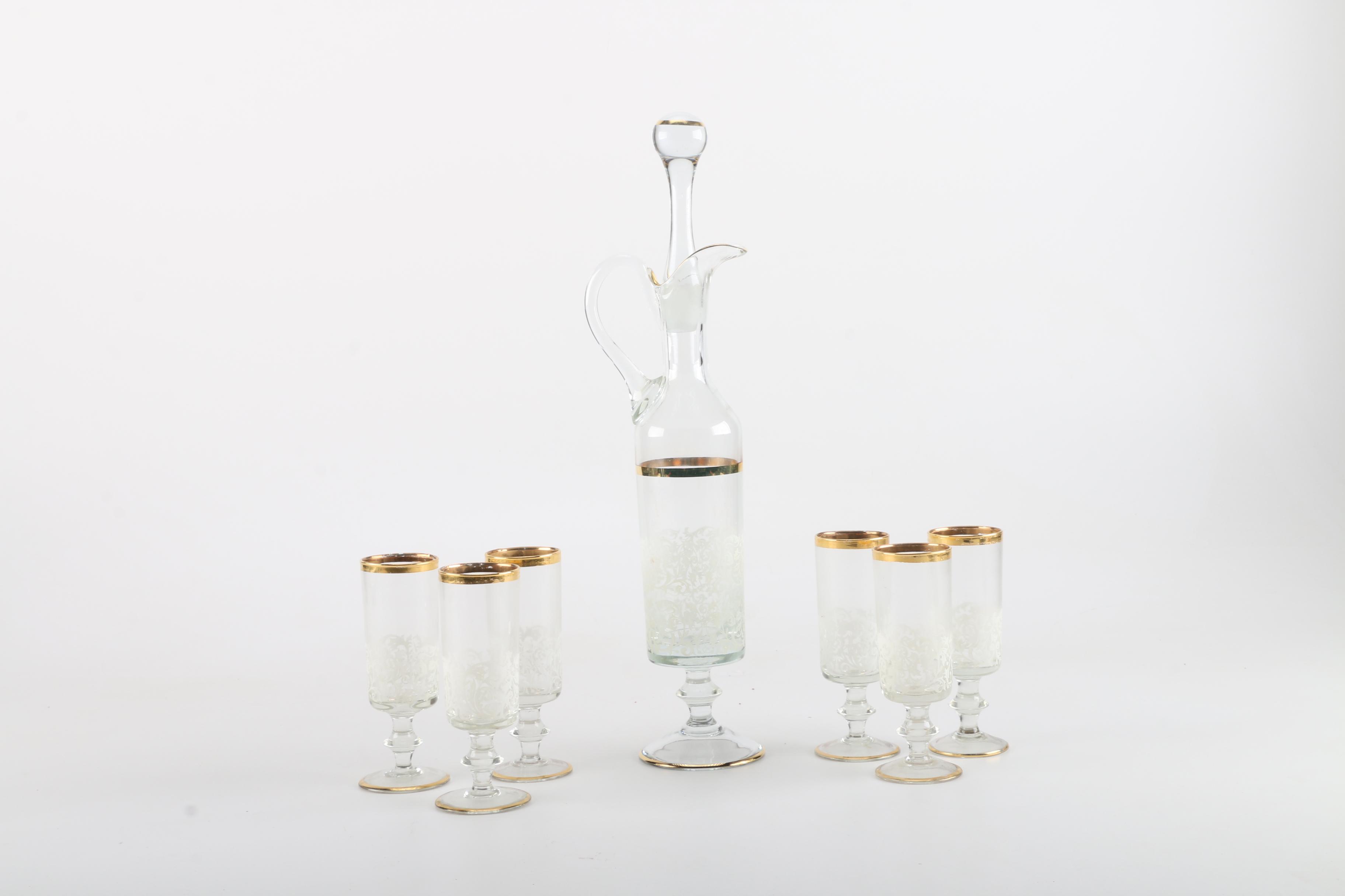 Enameled Decanter and Glass Set