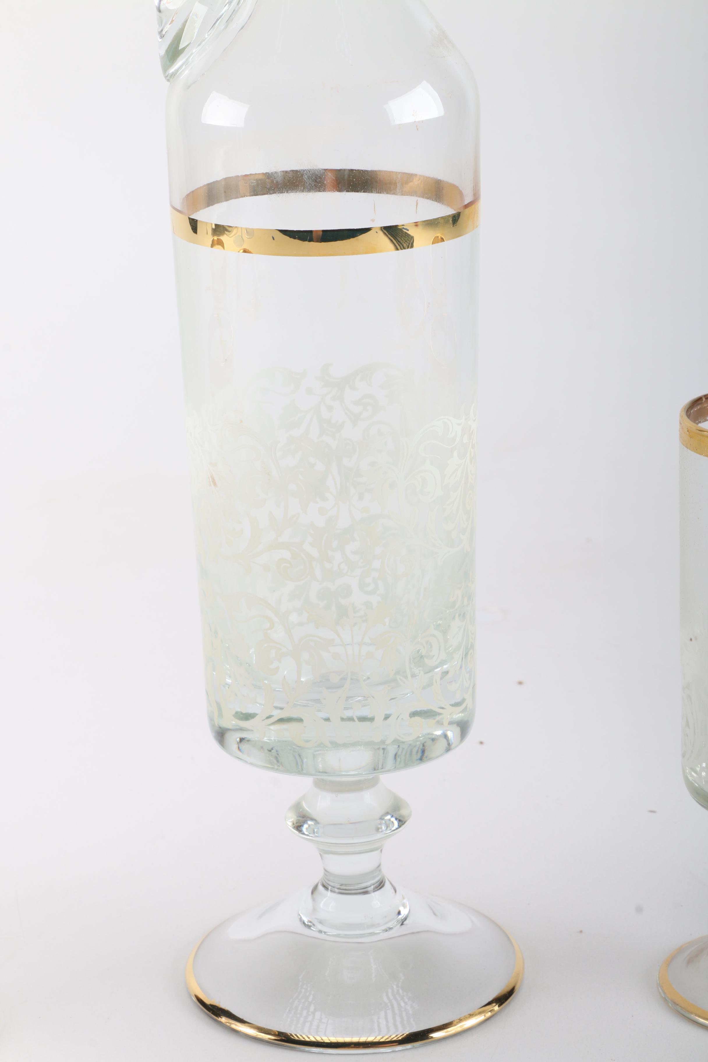 Enameled Decanter and Glass Set