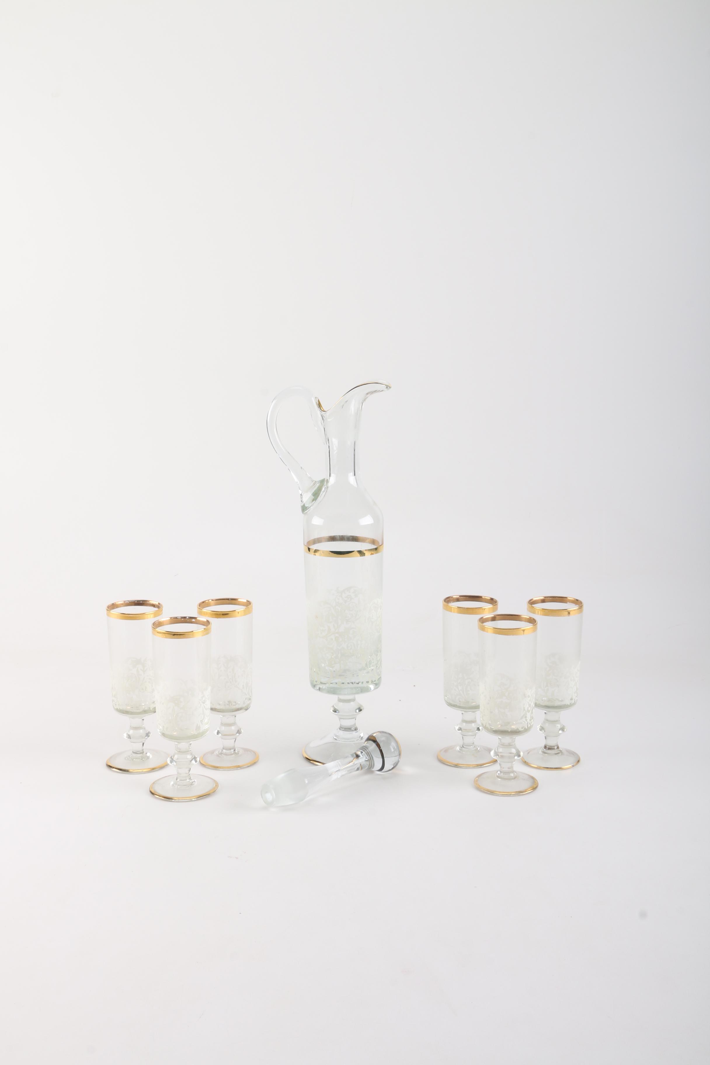 Enameled Decanter and Glass Set