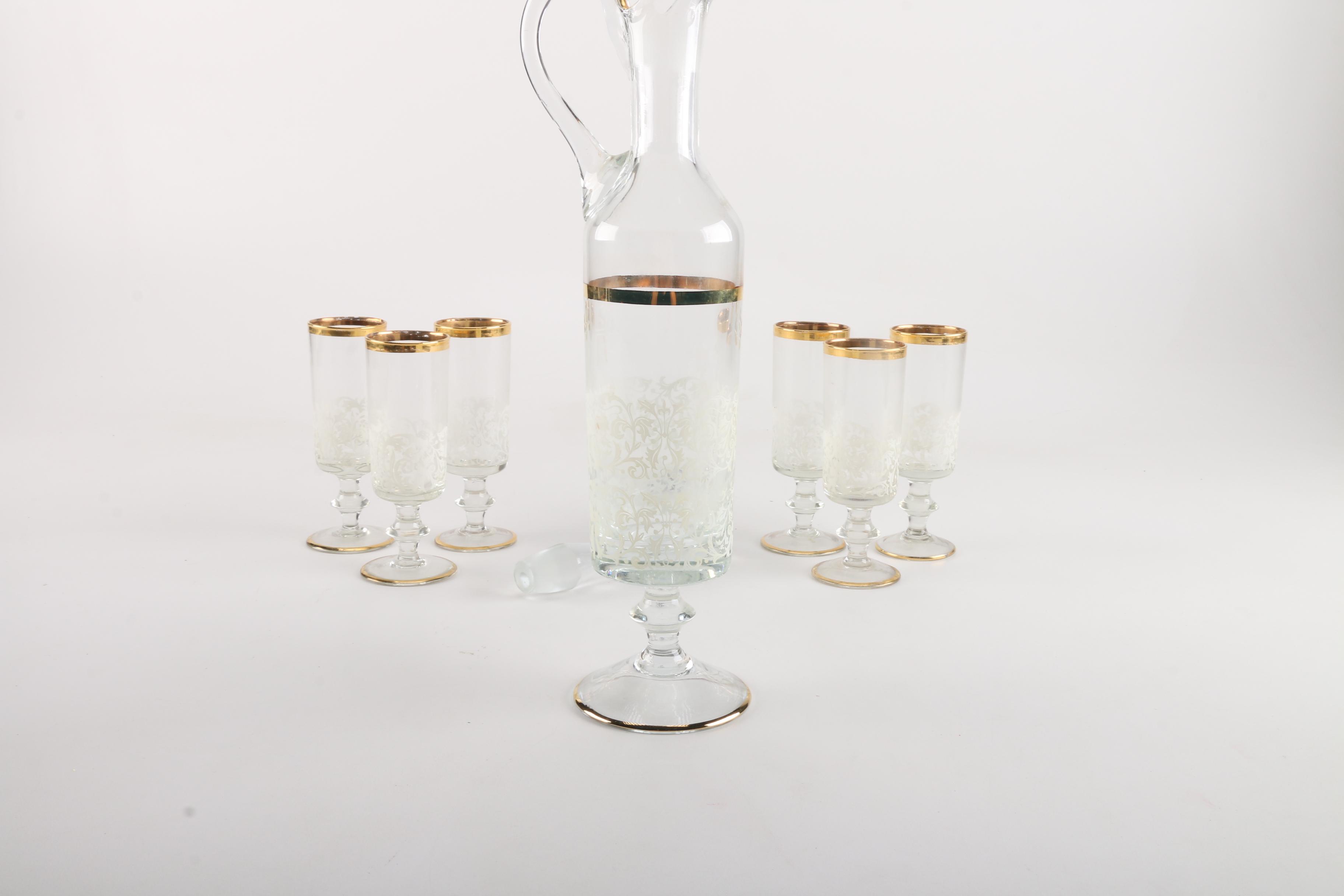 Enameled Decanter and Glass Set