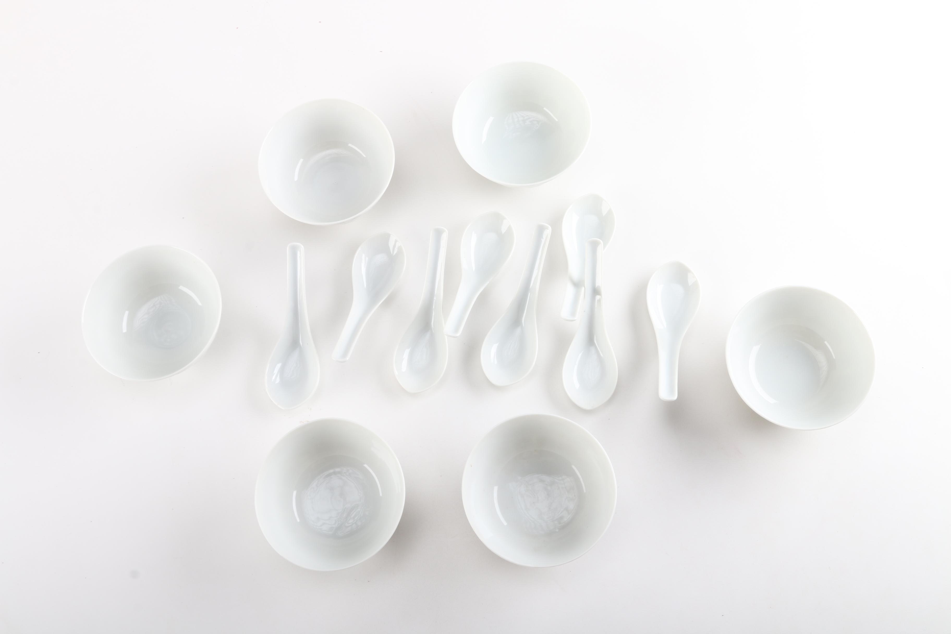 Matching Tone Ceramic Soup Bowls And Soup Spoons