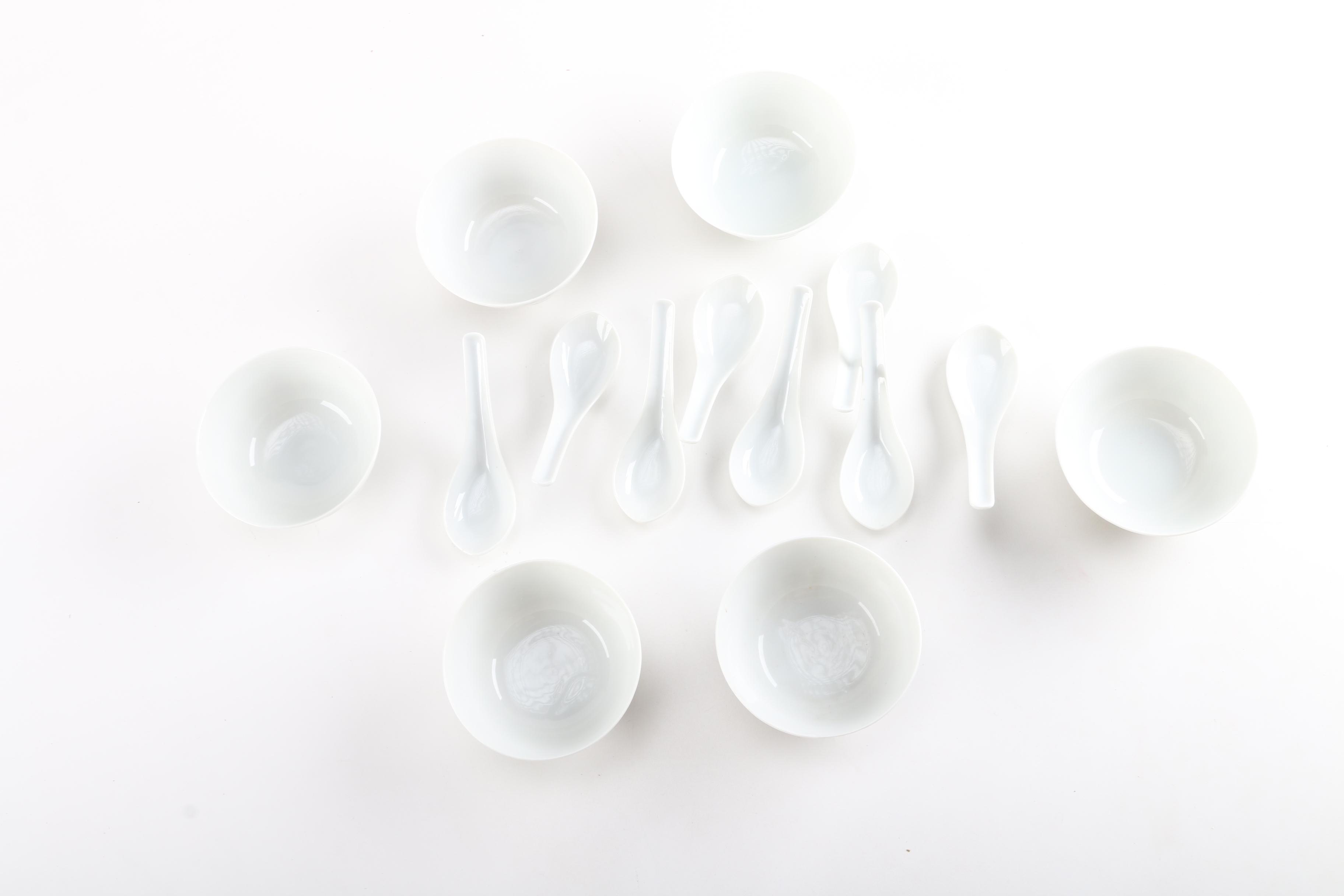 Matching Tone Ceramic Soup Bowls And Soup Spoons