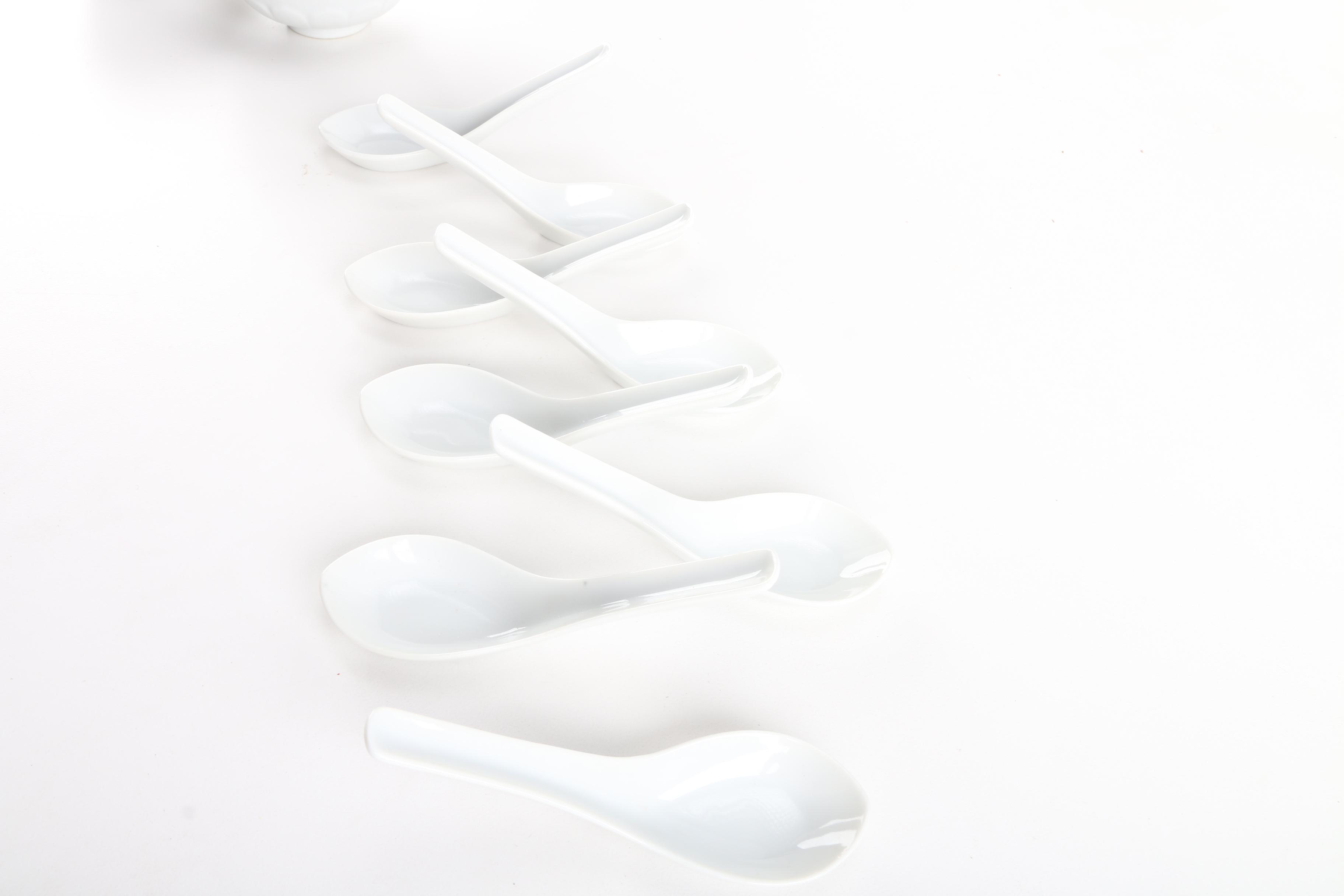 Matching Tone Ceramic Soup Bowls And Soup Spoons