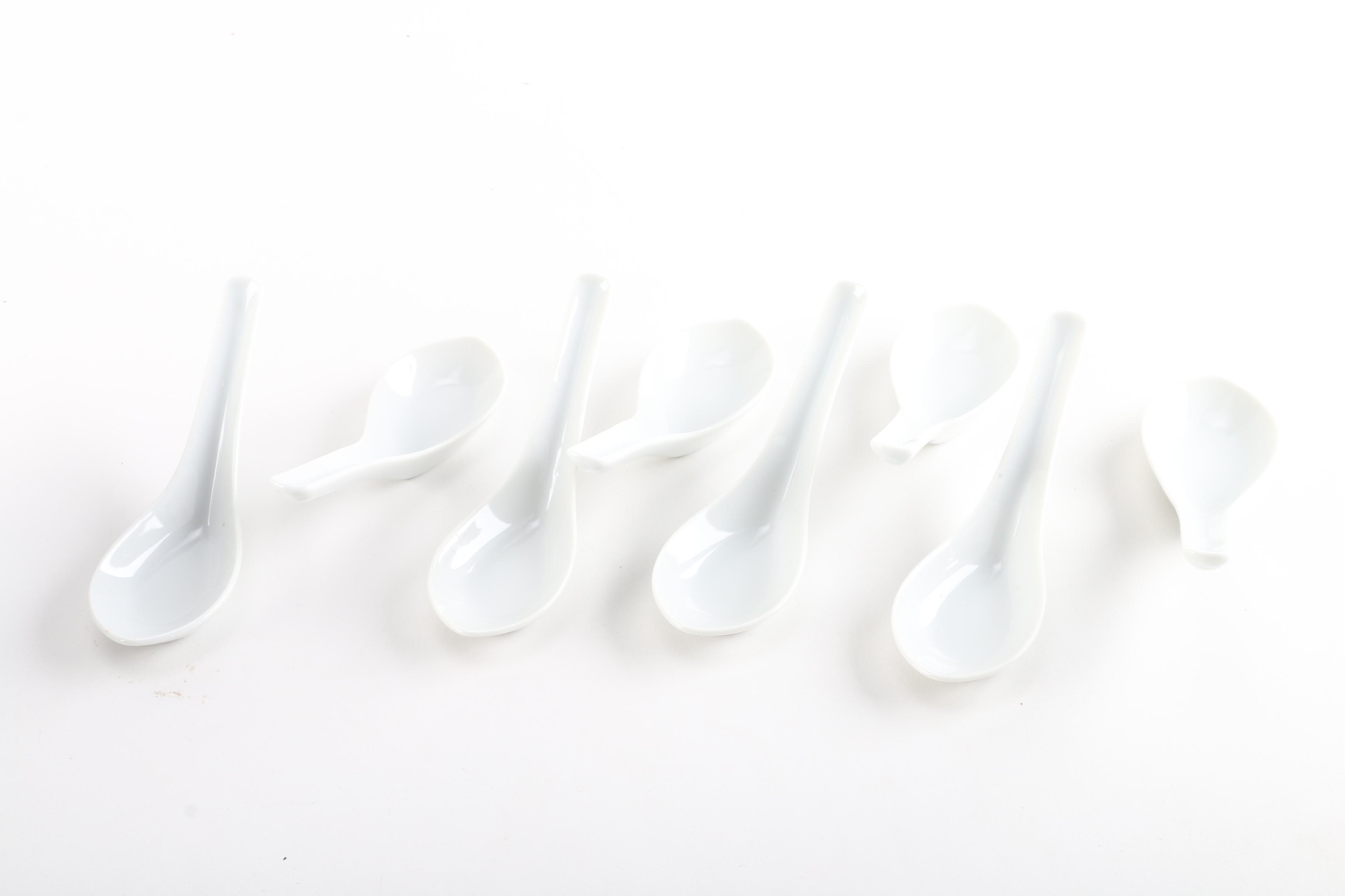 Matching Tone Ceramic Soup Bowls And Soup Spoons