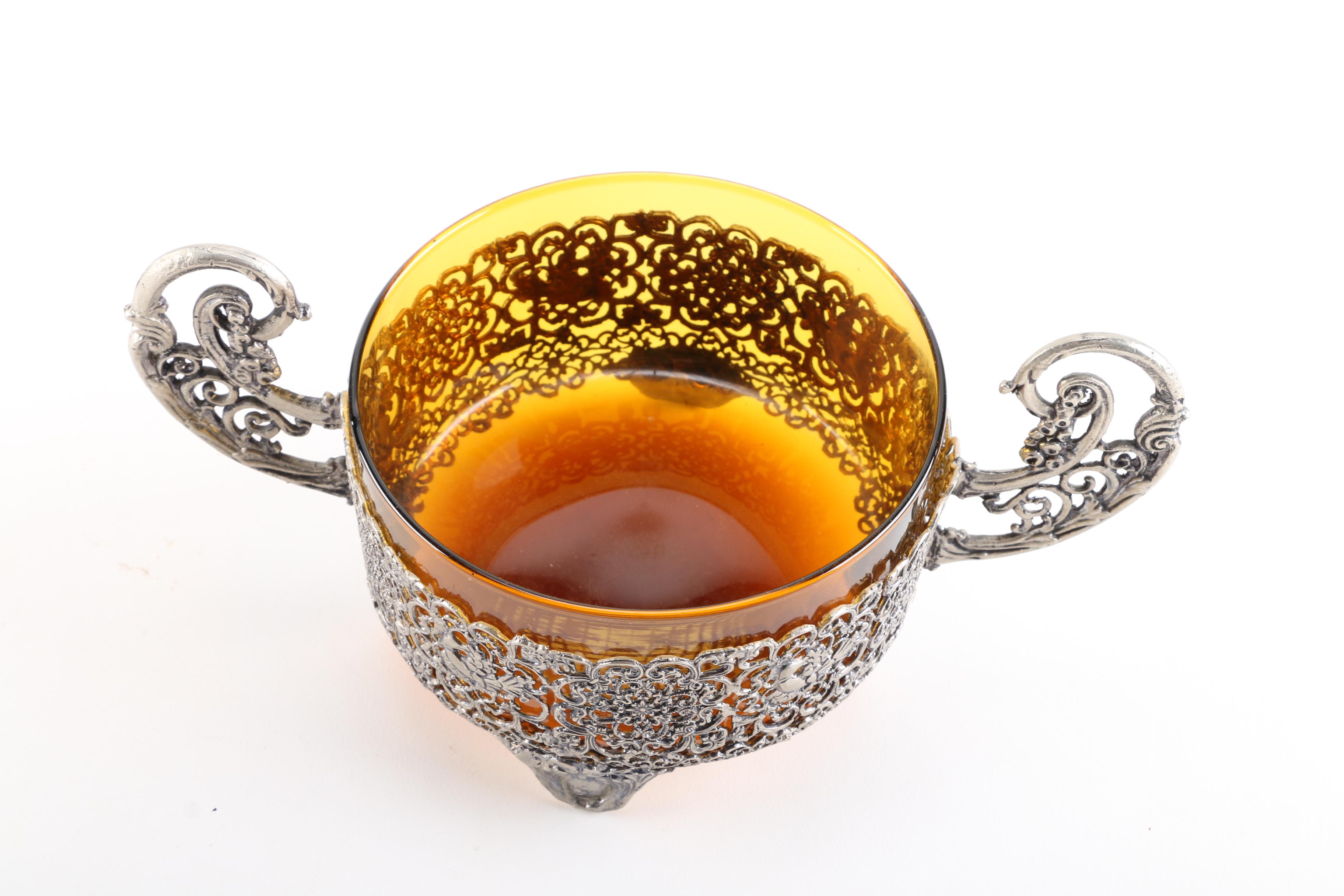 Foliad Pattern Metal Holder with Amber Glass Dish