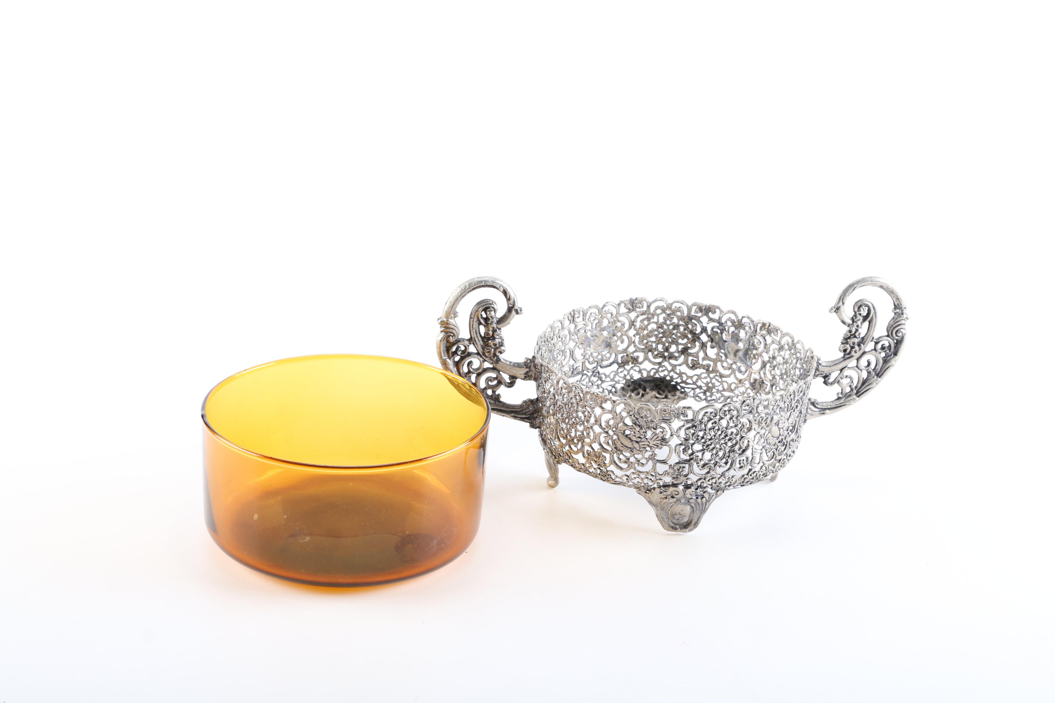 Foliad Pattern Metal Holder with Amber Glass Dish