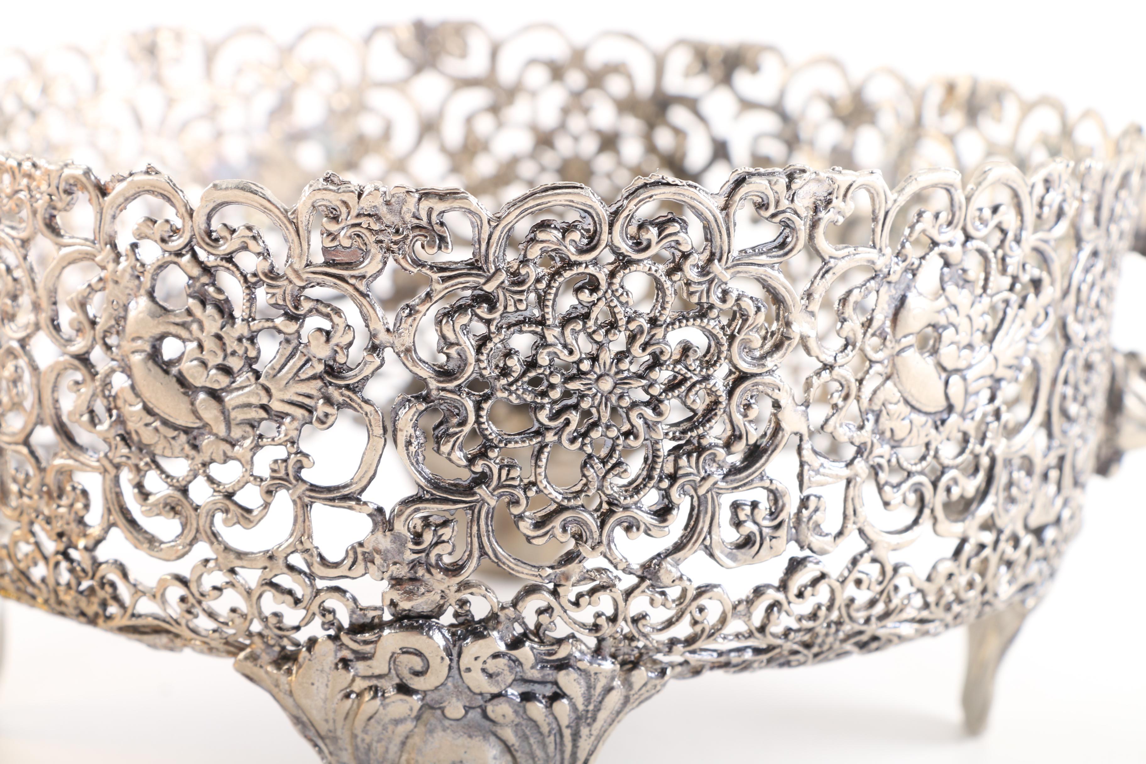 Foliad Pattern Metal Holder with Amber Glass Dish